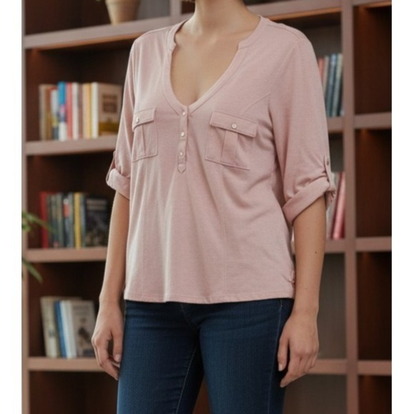 Guess Tops - NWT Guess LA Skylar Top Women's L Blush Pink Modal Henley Roll Tab Sleeve Soft